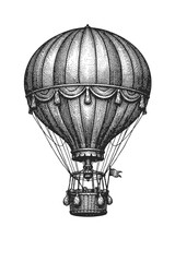 Naklejka premium Vintage hot air balloon illustration, detailed antique engraving. Features classic striped envelope, ornate valance with tassels, intricate rigging, and sturdy wicker basket gondola. Evokes early flig