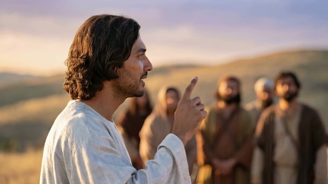Biblical figure resembling Jesus teaching and speaking to his disciples. Man in ancient robes pointing and guiding followers outdoors at sunset. Religious and historical faith concept