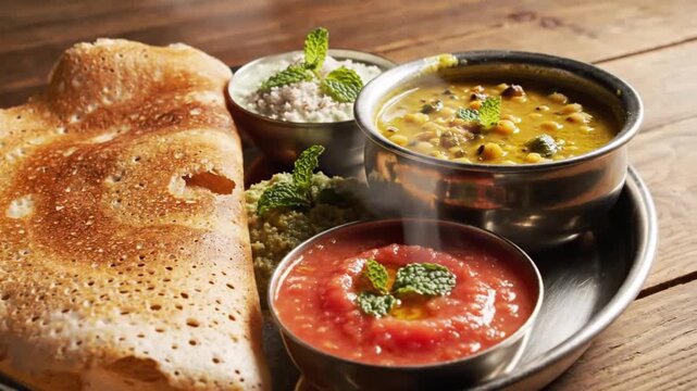 Delicious South Indian Dosa with Sambar and Chutneys on a Traditional Thali.