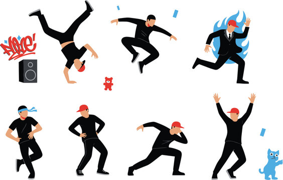 Vector illustration of hip hop street dancers in dynamic breakdance poses with graffiti text, speaker and cartoon elements