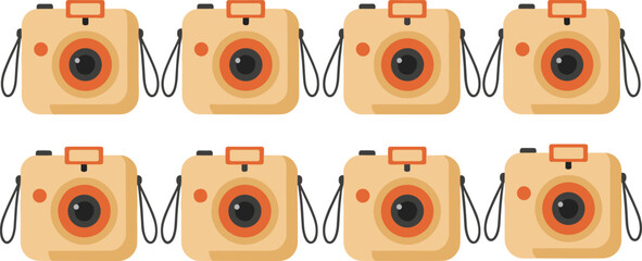 Fototapeta premium Cartoon cameras vector illustration with uniform beige design, red flash, lens details, and photography equipment pattern