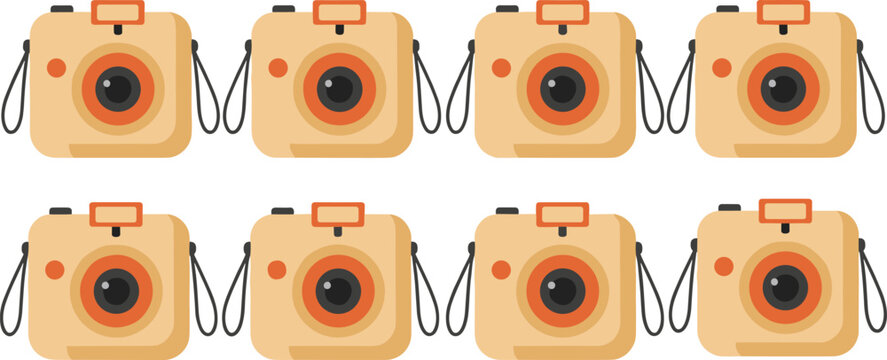 Cartoon cameras vector illustration with uniform beige design, red flash, lens details, and photography equipment pattern