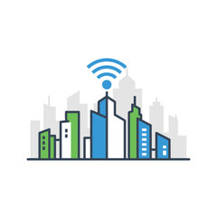 Fototapeta premium Illustration of a city skyline with a Wi-Fi signal above the tallest building.