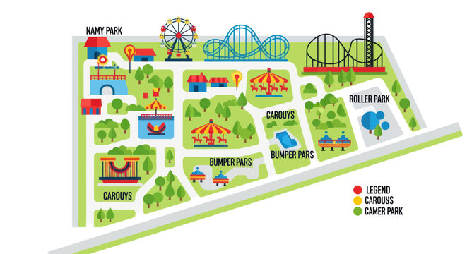 Amusement Park Map Illustration with Rides and Attractions