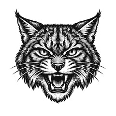 Obraz premium Intensely Fierce Bobcat Head Engraving, Strikingly Detailed Black and White Snarling Wildcat Illustration with Prominent Fangs and Whiskers, Embodying Raw Power and Aggression. A Perfect Piece for Vin