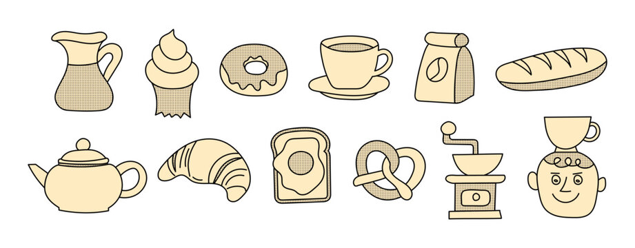 Hand-drawn vintage coffee and bakery doodle illustration set