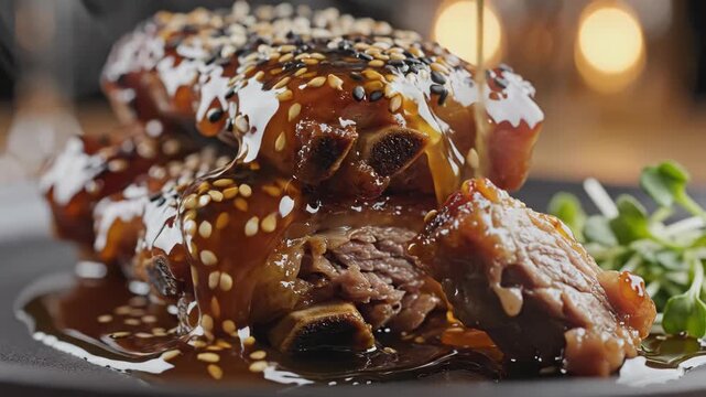 A chef pours sauce over glazed pork ribs in slow motion. Delicious barbecue meat dish with sesame seeds served in a restaurant. Gourmet culinary presentation
