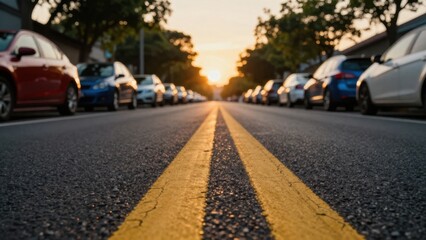 Fototapeta premium Double yellow road lines on textured asphalt leading to sunset horizon, cinematic low-angle street scene with parked cars and warm urban bokeh