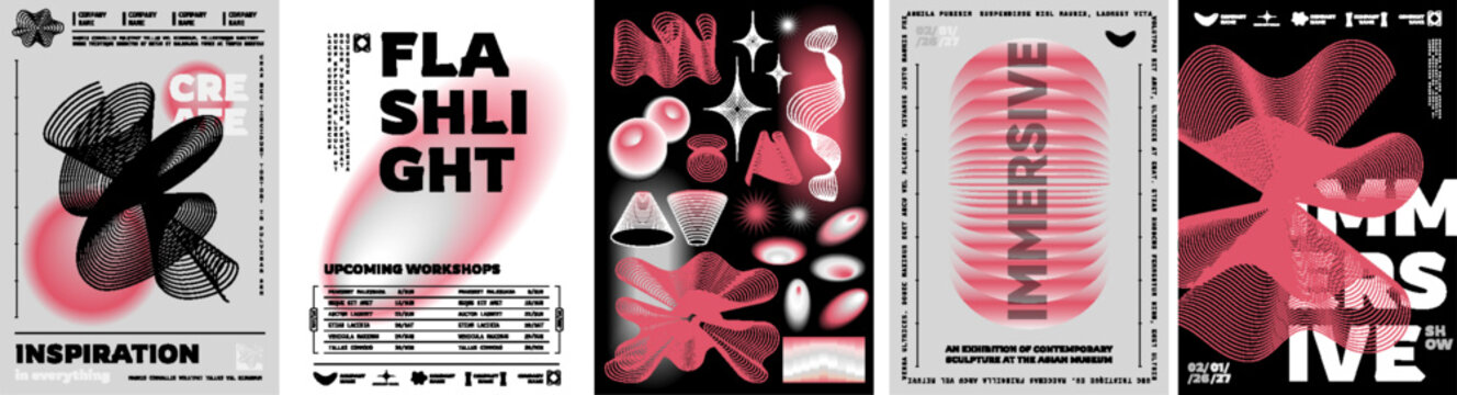 Modern abstract design. Vector illustrations of aesthetic wave lines, neon glow, geometric futuristic 3D shapes, fluid motion, and digital line art for poster, cover or background