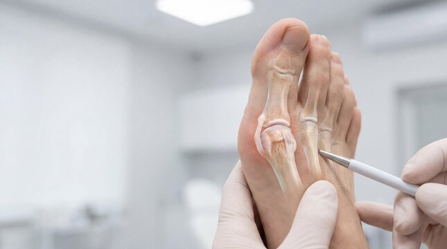Medical concept of hallux valgus with bone skeleton overlay on foot