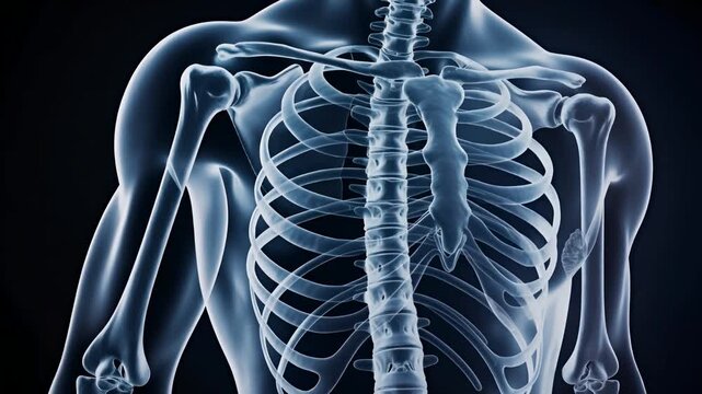 Human Skeletal System Chest X Ray Style Illustration Showing Rib Cage Spine and Shoulder Anatomy