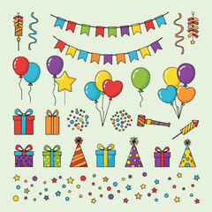 Obraz premium Colorful celebration icons, including balloons, gifts, and party hats
