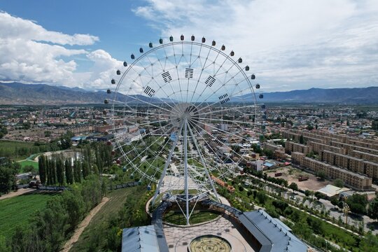 Aerial View of Tekes Bagua City with Ferris Wheel, Xinjiang, China