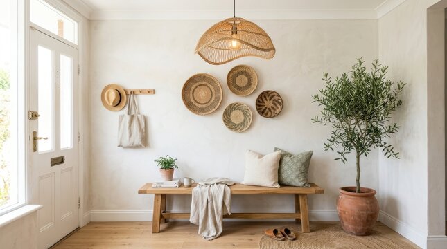 Bohemian entryway with woven baskets, olive tree, and wooden bench