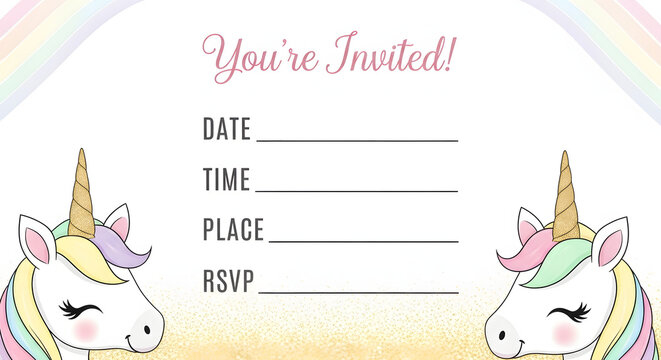 Unicorn invitation card with blank lines for date time place and rsvp in pastel colors and cute design