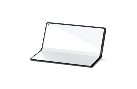 Blank white flexible book phone display half opened mockup png, transparent background, 3d rendering. Empty foldable clamshell led touchscreen mock up cut out. Clear elastic transform gadget template.