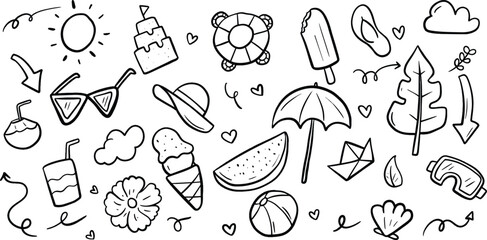 Hand-drawn summer doodle set with beach and vacation elements including sun, umbrella, sunglasses, ice cream, and seashells. Perfect for seasonal designs, travel themes, and playful backgrounds © Alvian