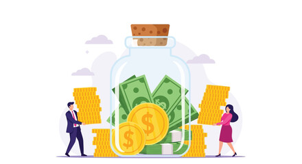 Business people carefully building substantial wealth and savings inside a large glass jar © Amna