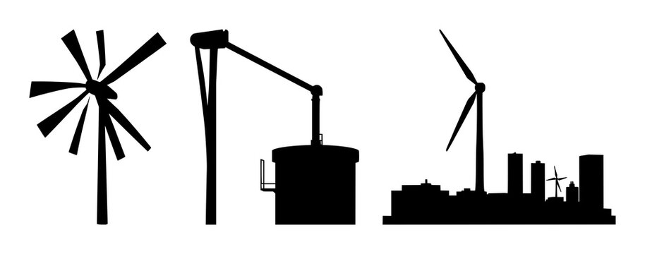 Modern Vertical Axis Wind Turbine set with a solid black silhouette featuring renewable energy, sustainable power, urban energy harvesting with geometric design and clean shapes