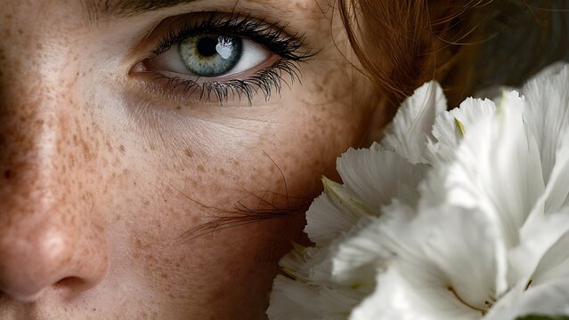 Portrait of a beautiful red-haired woman with freckles holding a white flower