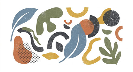 Naklejka premium Abstract organic shapes with grainy texture and stipple shading on white background