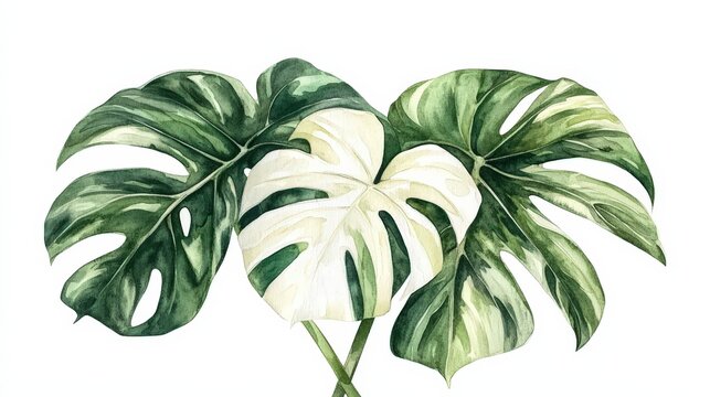 Monstera Deliciosa Variegated Plant Leaves Watercolor Illustration Isolated