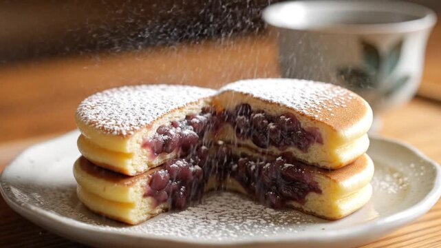 Delicious Dorayaki Pancakes with Red Bean Paste Sprinkled with Powdered Sugar.