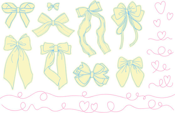 Cute Ribbon Bow Set with Hearts and Decorative Swirls, Romantic Hand Drawn Collection, Pastel Line Art Vector Illustration for Wedding, Valentine Cards, Gift Design, Packaging and Scrapbooking