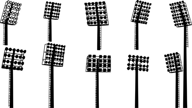 Stadium light pole silhouette set, floodlight vector illustration, sports field illumination design, outdoor arena lighting system, electricity infrastructure drawing, engineering lamp collection 