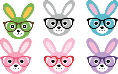 Fototapeta premium Cute colorful bunny heads flat vector illustration set wearing various glasses for easter celebration and children nursery decor.