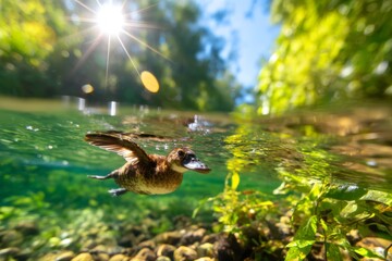 Fototapeta premium Platypus Diving Underwater in Crystal Clear Water Surrounded by Lush Greenery and Sunlight