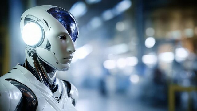 Futuristic humanoid robot showcasing advanced technology, characterized by sleek design and innovative features, set against a blurred industrial background.