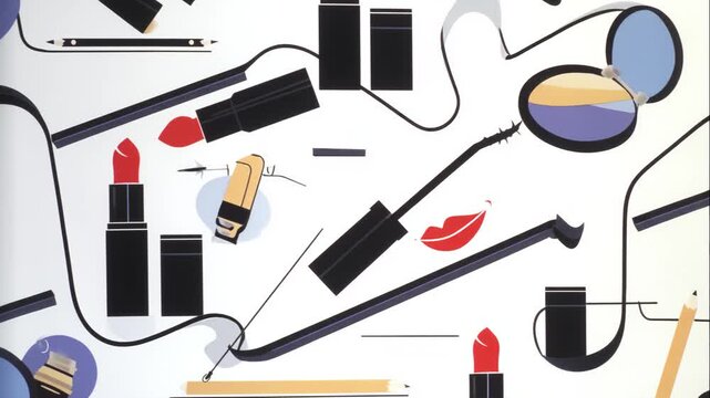Minimalist seamless tile pattern featuring cosmetic and makeup tools including lipstick, mascara, eyeliner, compact mirror, pencil, and brush arranged in a clean flat vector illustration style with.