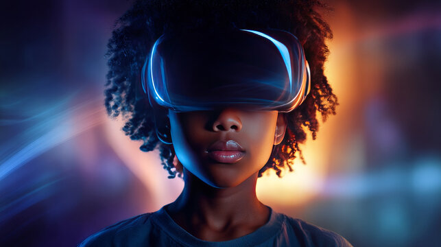 Child using virtual reality headset for metaverse, child looking into VR glasses. Little girl boy with futuristic glasses having fun, teenager playing video games. Technology, simulator, oculus future