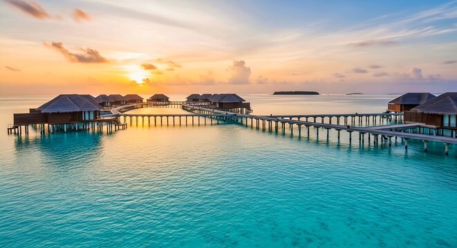 Overwater Bungalow Sunset: Luxury tropical resort view with a wooden pier leading to villas over turquoise ocean water at dusk.