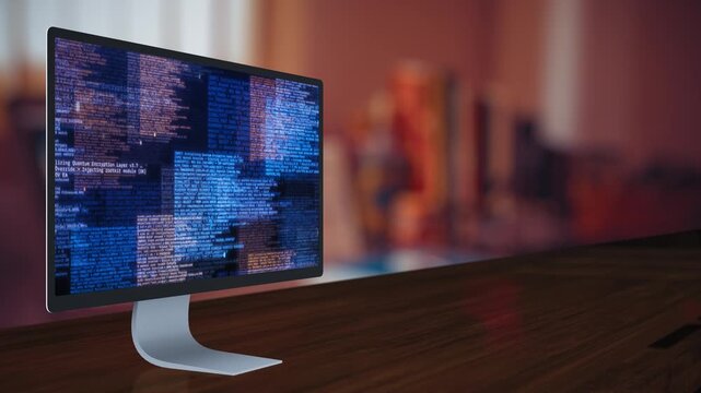 Desktop Computer Monitor with Programming Code on Office Desk &ndash; Software Development and Cybersecurity Workspace Background