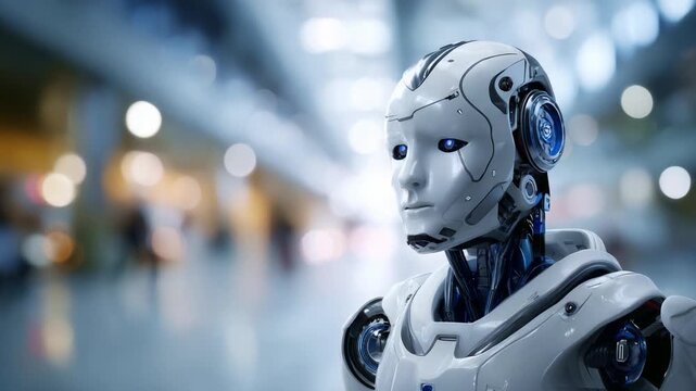 A futuristic humanoid robot with sleek design and blue accents stands in a modern environment, showcasing advanced technology and artificial intelligence capabilities.