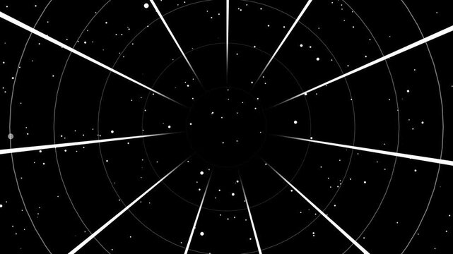 Astronomical star chart with radial lines and concentric circles overlaid on a starry sky