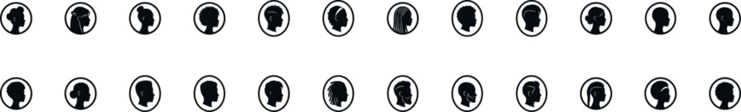 people profile silhouette avatar icon set with diverse men and women hairstyles portraits including afro braids dreadlocks bun ponytail curly short and long hair illustration on transparent background