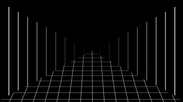 A 3d perspective drawing of a long corridor with diminishing lines and geometric shapes