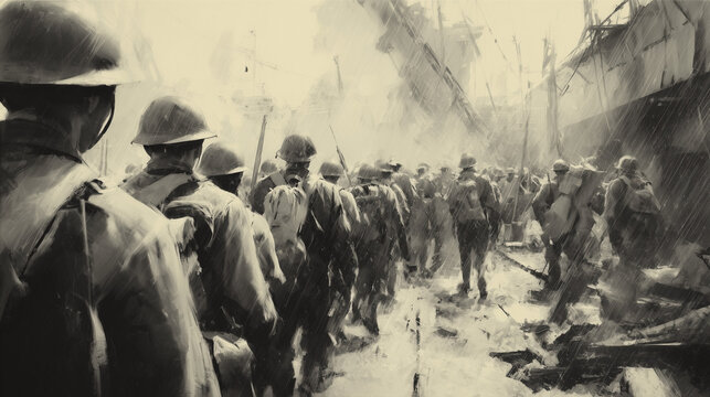 Soldiers march through rubble at the start of  war in a wartime city scene filled with smoke and destruction