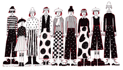 Group of diverse people in stylish monochrome outfits with red accents, hand-drawn fashion illustration