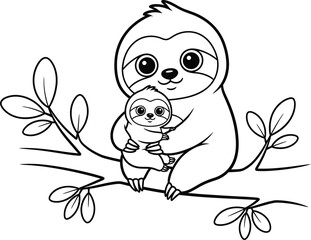 Fototapeta premium A sloth and baby sloth hugging on a tree branch
