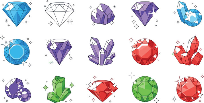 Colorful Gemstone and Crystal Icon Set with Diamond, Ruby, Emerald and Amethyst Shapes for Jewelry Design, Luxury Assets and Fantasy Game Elements