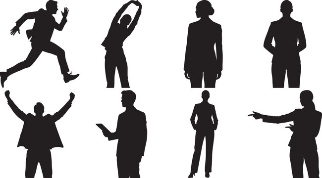 Collection of various black silhouettes of people in different poses