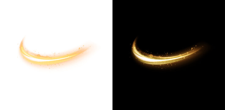 Glowing golden swirl with floating particles and soft light trail. Abstract golden light composition with glowing particles, stardust and shimmering glitter.