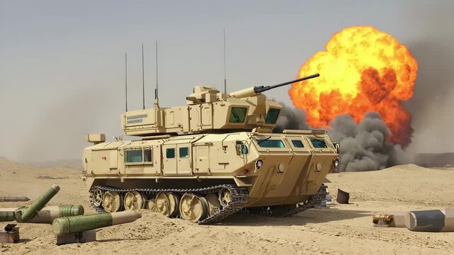 A combat vehicle in the desert fires at the enemy, shells exploding