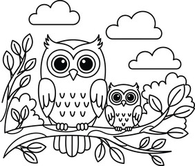 Fototapeta premium Two owls perched on a branch under cloudy skies