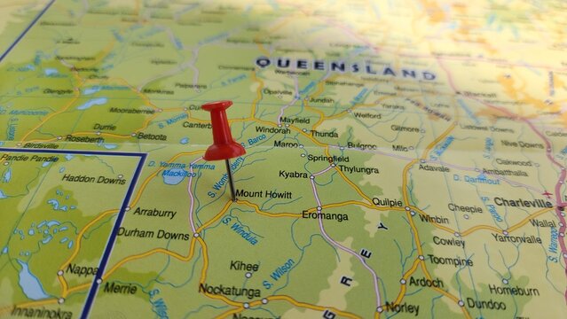 View of Mount Howitt, also known as Toot-buck-nulluck in the Gunai language, is a mountain in Victoria, Australia, on a geographical map of Australia and New Zealand, marked with red push pin