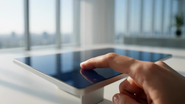Close Up of a Finger Tapping on a Modern Interactive Digital Screen in a Bright Office